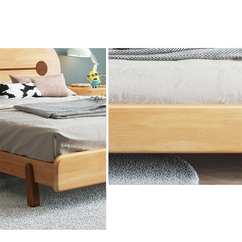 Natural Solid Wood Platform Bed Rubberwood Kids Bed with Headboard