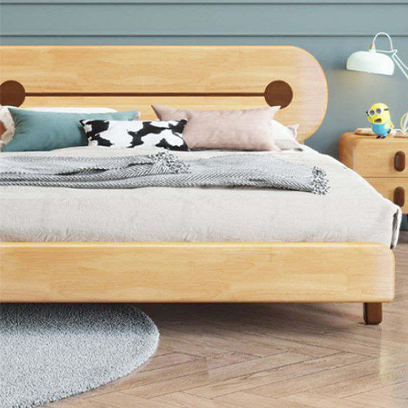 Natural Solid Wood Platform Bed Rubberwood Kids Bed with Headboard