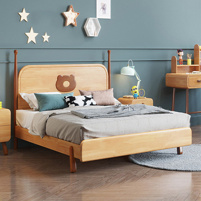 Solid Wood Platform Bed Brown Rubberwood Kids Bed with Headboard