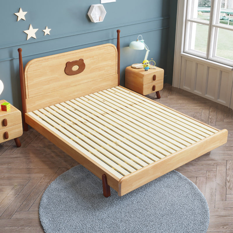 Solid Wood Platform Bed Brown Rubberwood Kids Bed with Headboard