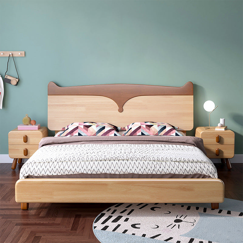 Scandinavian Solid Wood Platform Bed Brown Kids Bed with Headboard