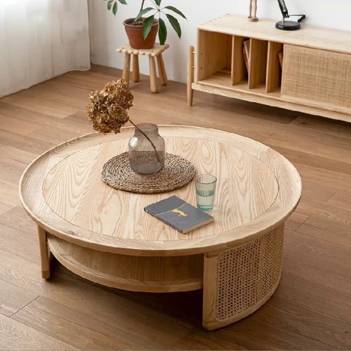 Wood Round 1 Single Coffee Table Nordic 2 - Tier Cocktail Table with Rattan Accent