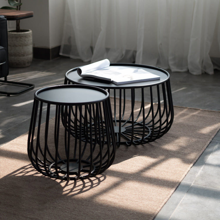 Tray Top Iron Coffee Table Round Metel Cocktail Table in Black