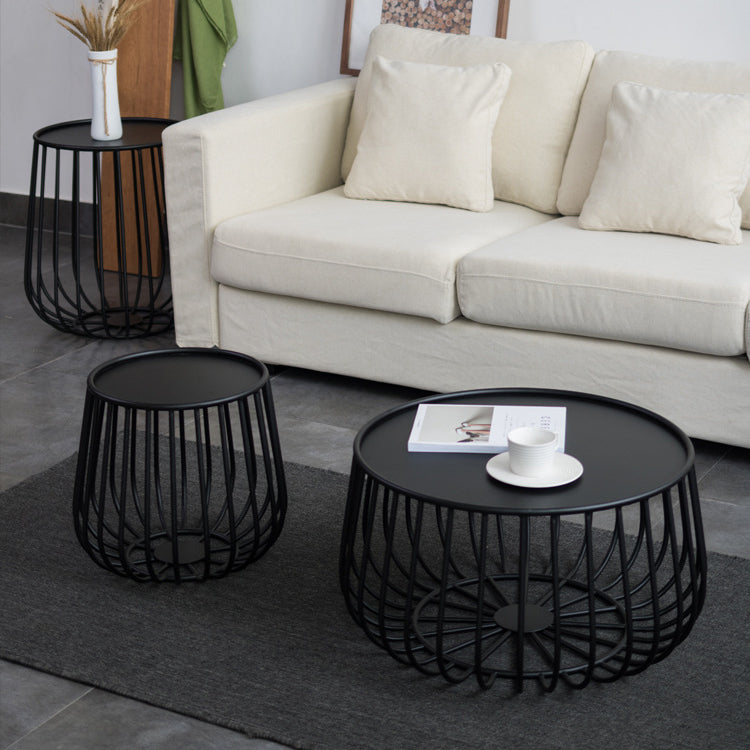 Tray Top Iron Coffee Table Round Metel Cocktail Table in Black