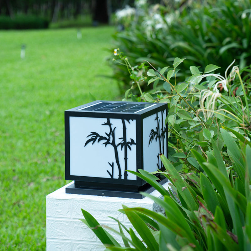 Square Shape Metal Pillar Lamp Modern Style 1 Light Solar Outdoor Light in Black