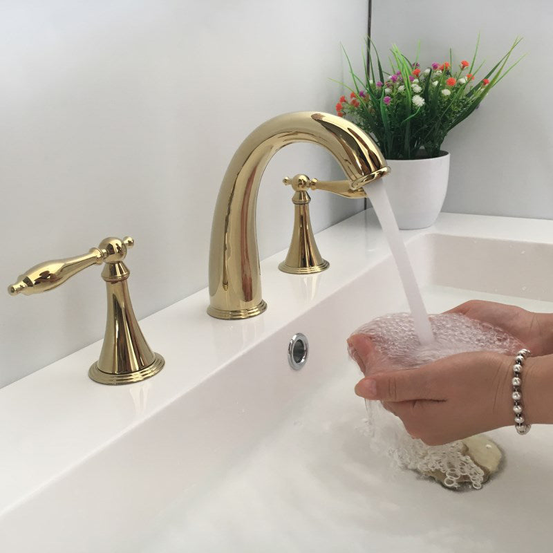 Glam Widespread Bathroom Faucet Lever Handles 3 Holes Low Arc Solid Brass Faucet