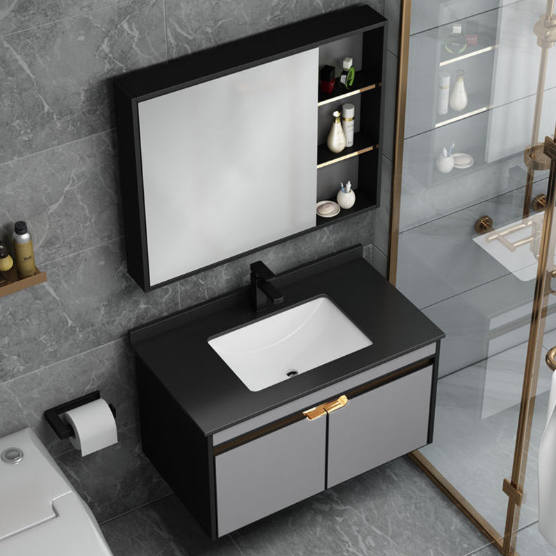 2 Doors Vanity Set Mirror Grey Wall Mount Rectangle Metal Bath Vanity with Single Sink