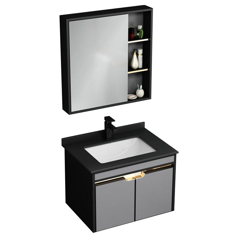 2 Doors Vanity Set Mirror Grey Wall Mount Rectangle Metal Bath Vanity with Single Sink