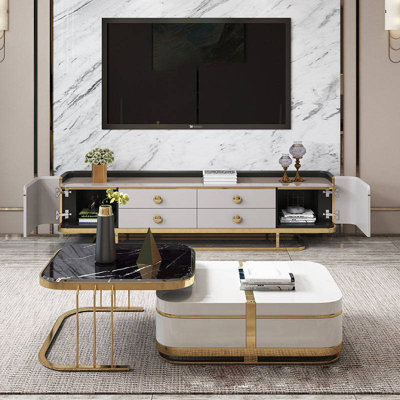 Glam Stone Stand Console Enclosed Storage Media Console with Drawers for Living Room