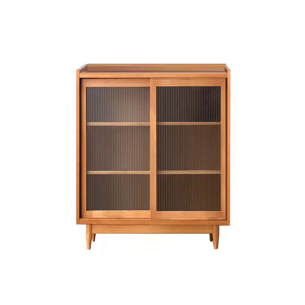 Modern Glass Doors Display Stand Pine Storage Cabinet for Living Room