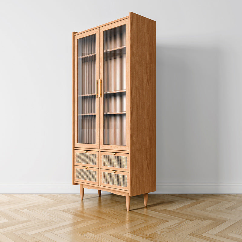 Modern Glass Doors Display Stand Pine Storage Cabinet with Doors for Living Room