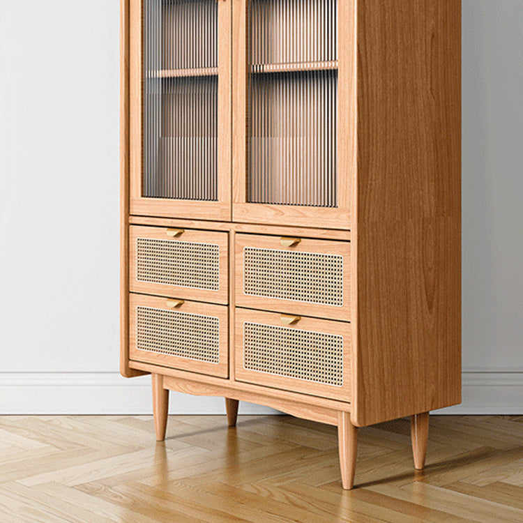 Modern Glass Doors Display Stand Pine Storage Cabinet with Doors for Living Room