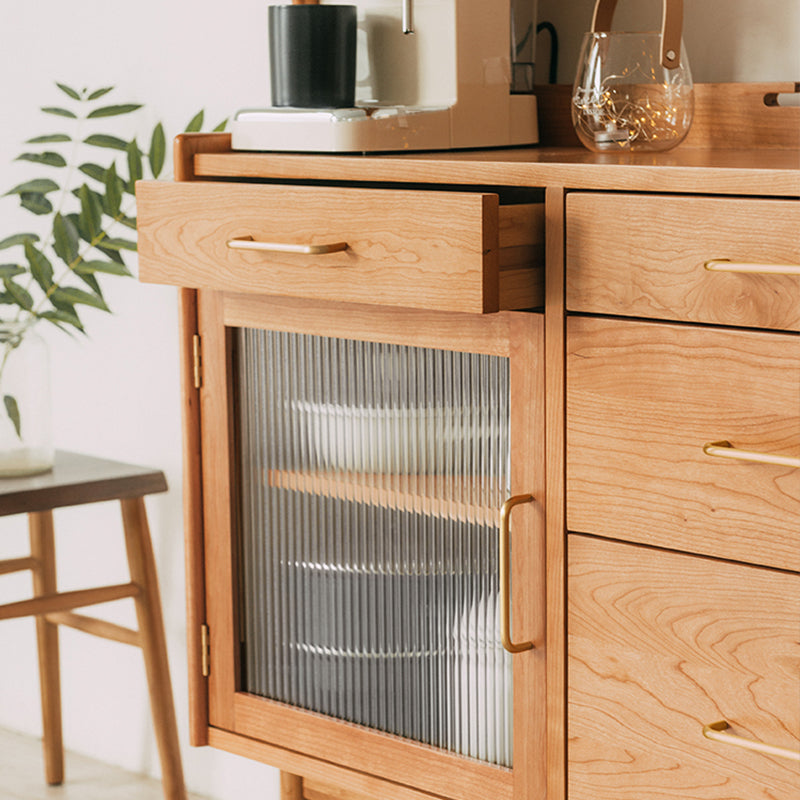 Contemporary Pine Dining Hutch Glass Doors Buffet Cabinet with Doors