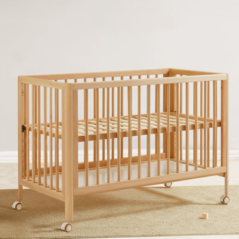 Farmhouse Style Portable Natural Wooden Baby Crib with Wheels