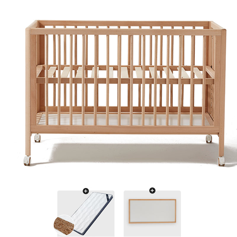 Farmhouse Style Portable Natural Wooden Baby Crib with Wheels