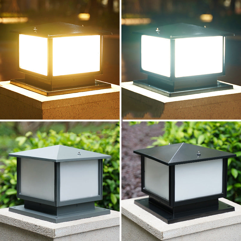 Rectangle Shape Metal Pillar Lamp Modern Style 1-Light Waterproof Outdoor Light