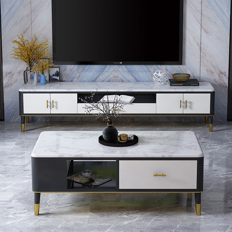 Contemporary TV Console Stone Open Storage TV Stand Console with Drawers and Doors