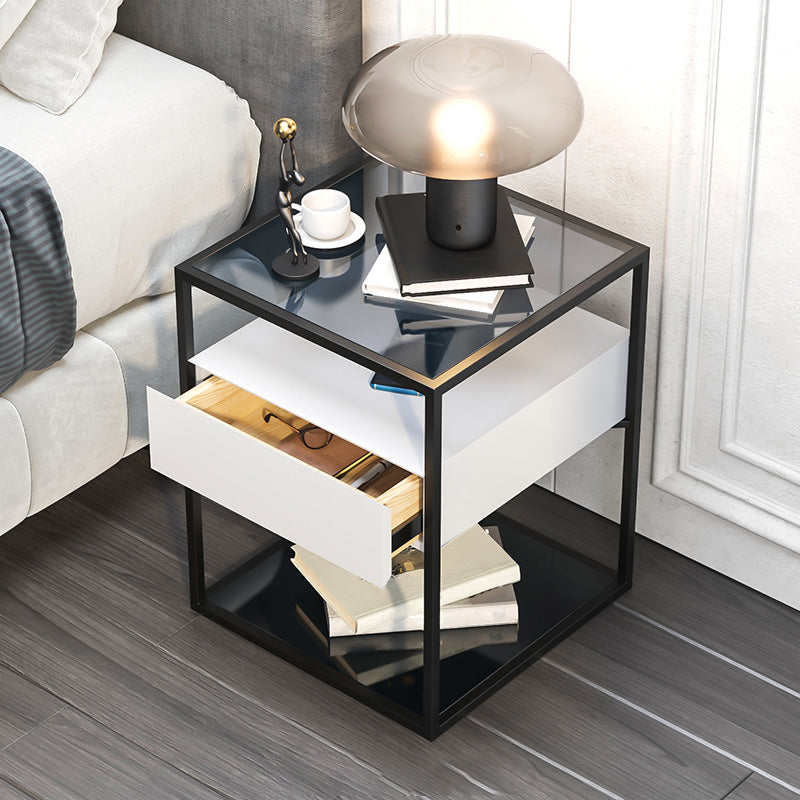 1 Drawer Contemporary Nightstand Glass Top Night Table with 1 Shelf ,21.3" Tall