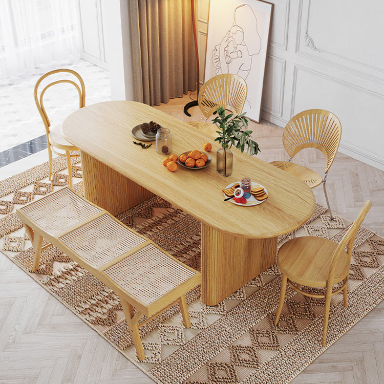 Modern Oval Dining Table Solid Wood Dining Table with Double Pedestal in Natural