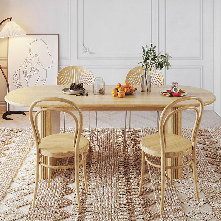 Modern Oval Dining Table Solid Wood Dining Table with Double Pedestal in Natural