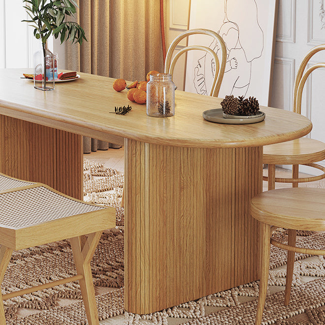 Modern Oval Dining Table Solid Wood Dining Table with Double Pedestal in Natural