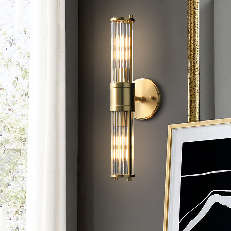 Gold Postmodern Metal Wall Sconce Cylinder Shape Vanity Lamp with Glass Shade for Bathroom