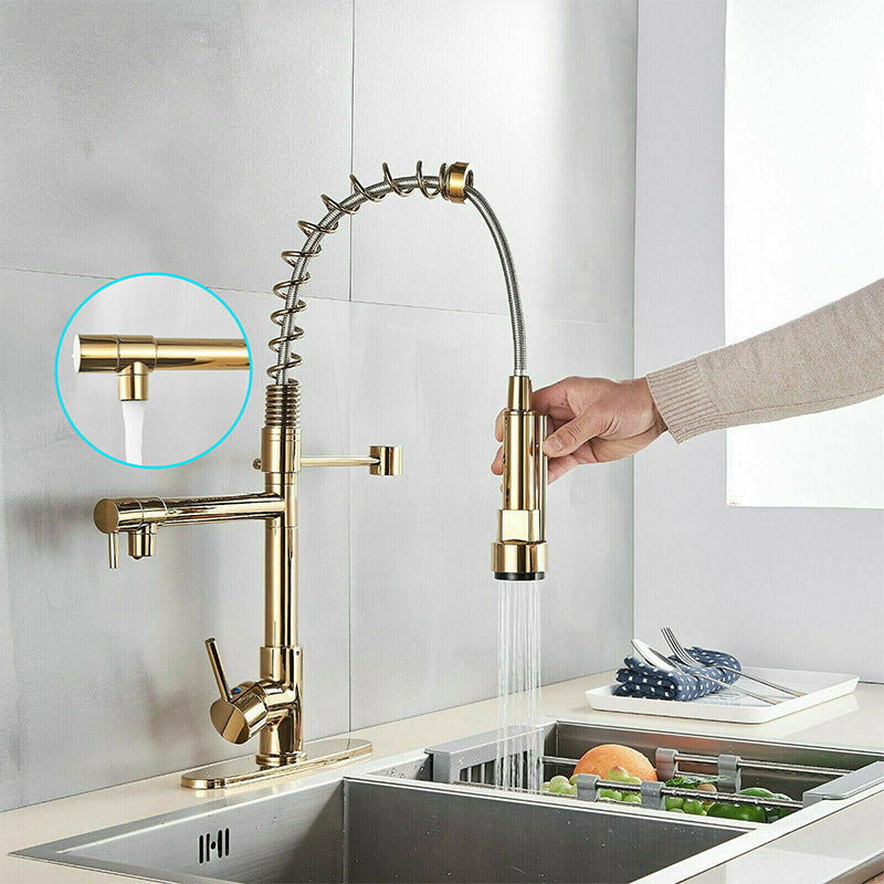 Farmhouse Bar Faucet Brass Lever Handles Spring Spout Swivel Spout Pre-Rinse Faucet