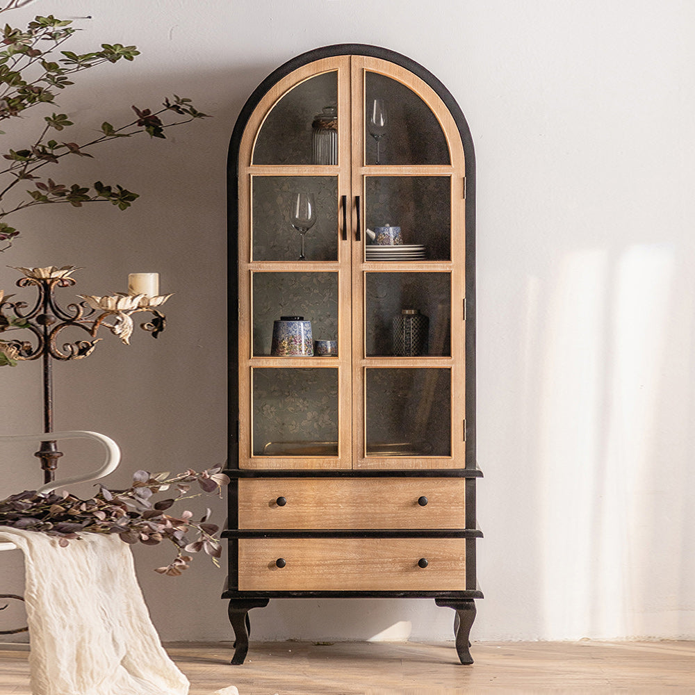 Traditional Pine Display Stand Glass Doors Storage Cabinet for Living Room