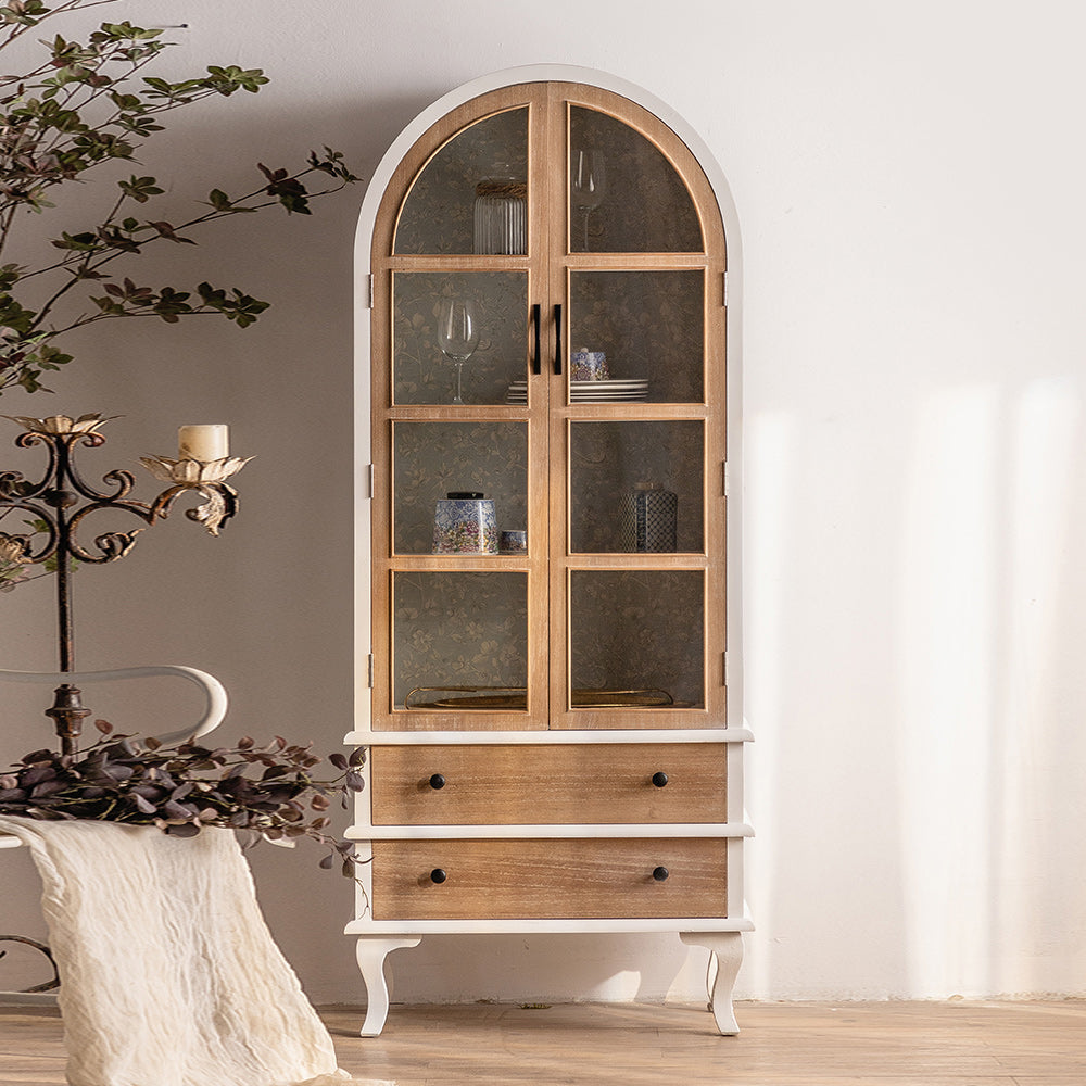 Traditional Pine Display Stand Glass Doors Storage Cabinet for Living Room