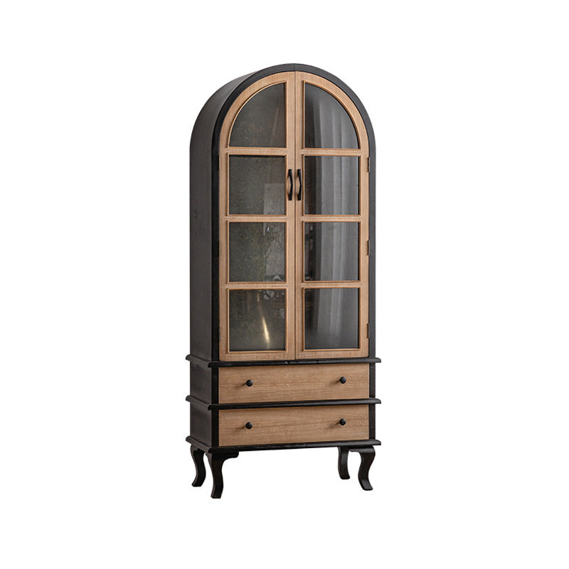 Traditional Pine Display Stand Glass Doors Storage Cabinet for Living Room