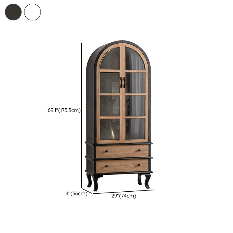 Traditional Pine Display Stand Glass Doors Storage Cabinet for Living Room