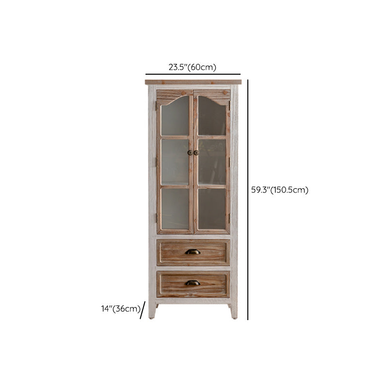 Traditional Pine Display Stand Glass Doors Storage Cabinet for Living Room