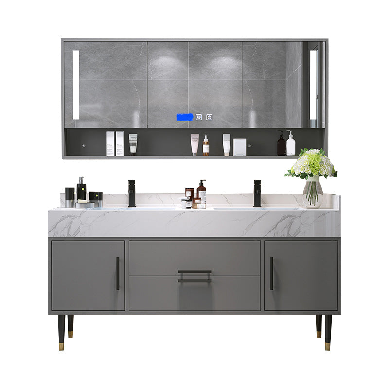 Mirror Bath Vanity Set Grey Metal Frame 2 Doors Rectangle Vanity with Drawers