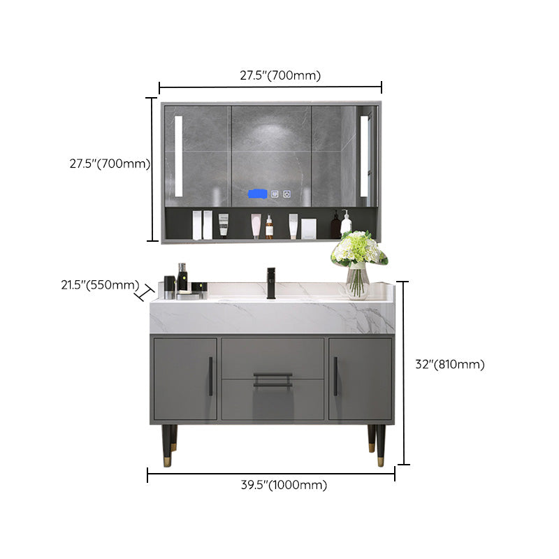 Mirror Bath Vanity Set Grey Metal Frame 2 Doors Rectangle Vanity with Drawers