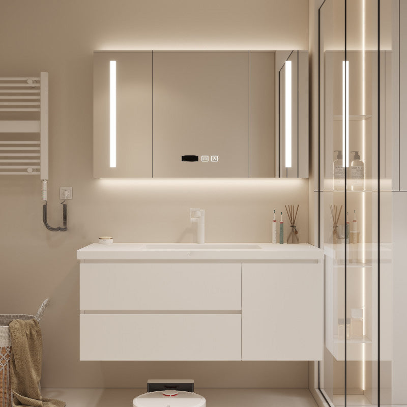 Drawers Vanity Set White Wood Rectangle Single Sink Wall Mount Bath Vanity with Mirror