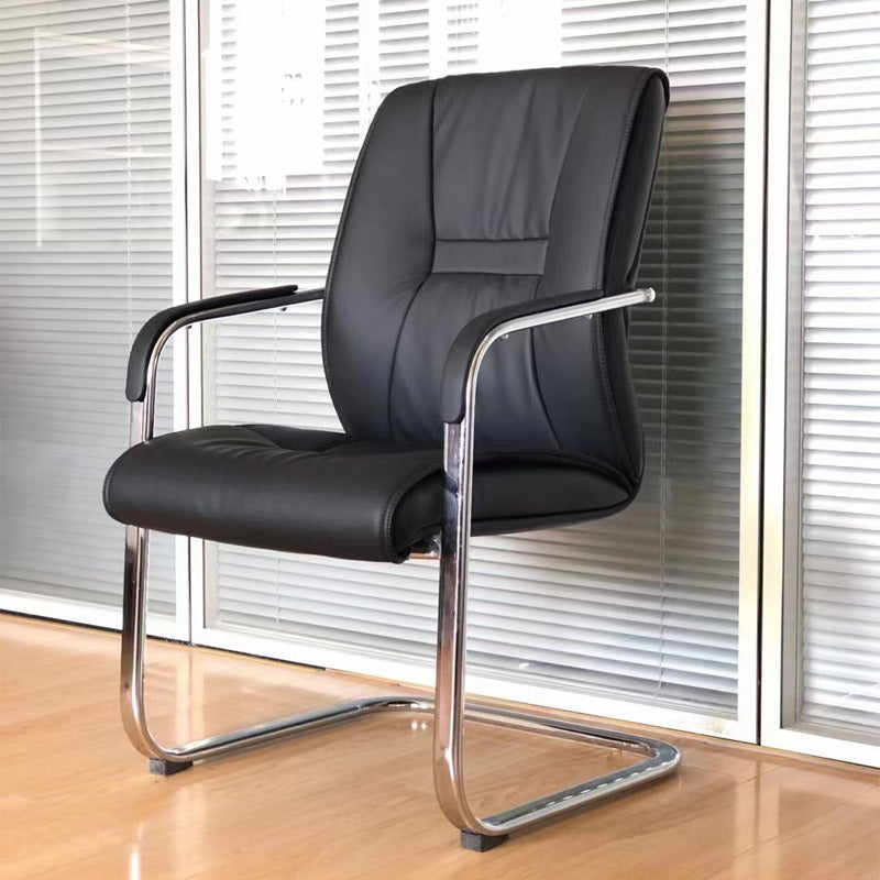 Modern Black Leather Desk Chair Fixed Arms Task Chair for Office