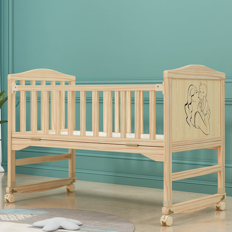 Contemporary 33.46"H Natural Bed Solid Wood Baby Bed with Wheels