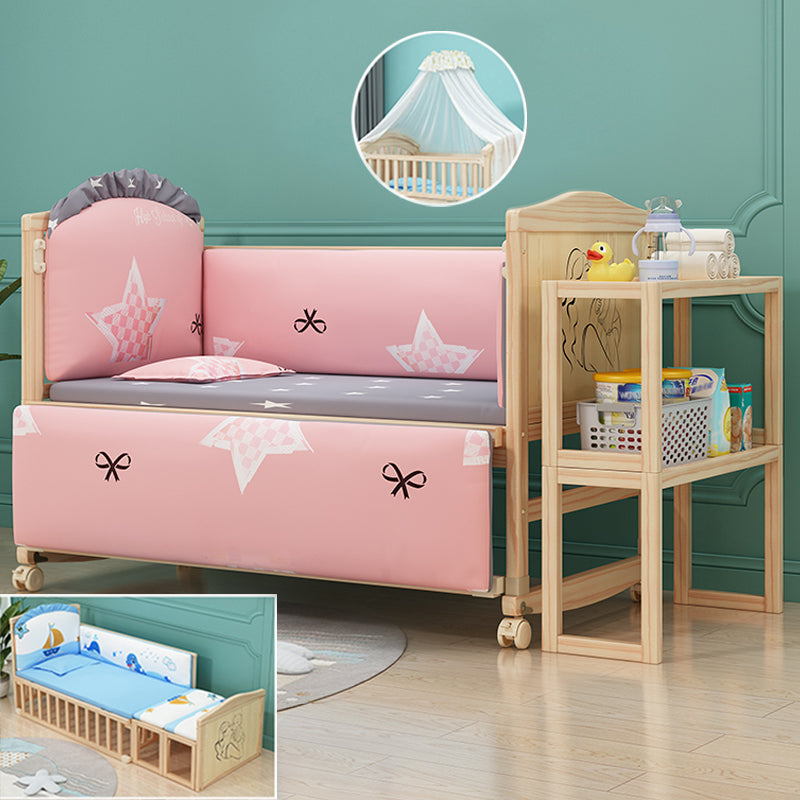 Contemporary 33.46"H Natural Bed Solid Wood Baby Bed with Wheels