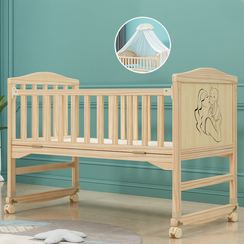 Contemporary 33.46"H Natural Bed Solid Wood Baby Bed with Wheels