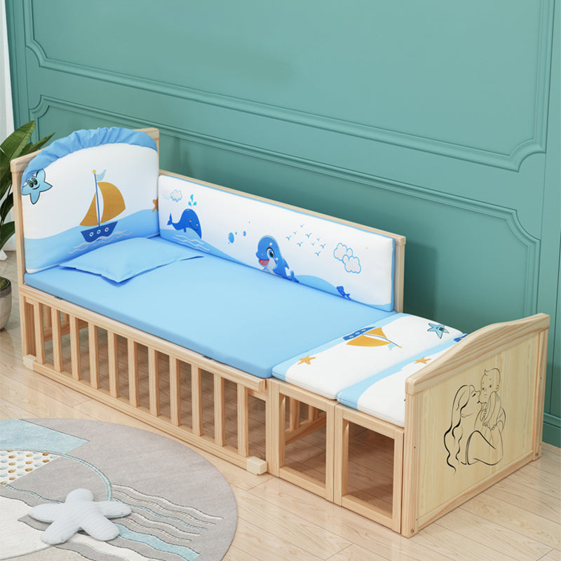 Contemporary 33.46"H Natural Bed Solid Wood Baby Bed with Wheels