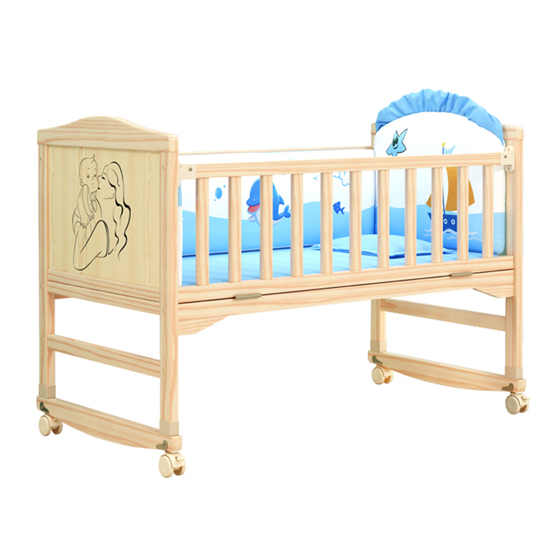 Contemporary 33.46"H Natural Bed Solid Wood Baby Bed with Wheels