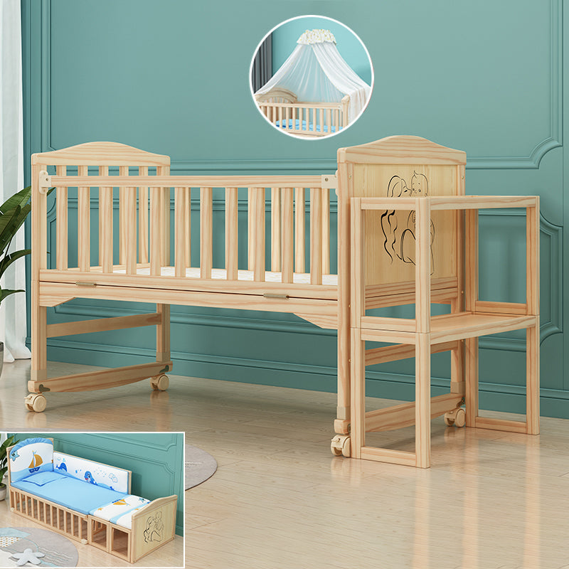 Contemporary 33.46"H Natural Bed Solid Wood Baby Bed with Wheels