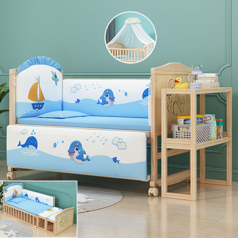 Contemporary 33.46"H Natural Bed Solid Wood Baby Bed with Wheels