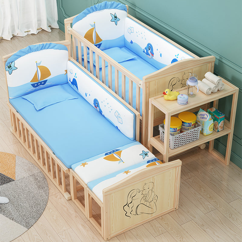 Contemporary 33.46"H Natural Bed Solid Wood Baby Bed with Wheels