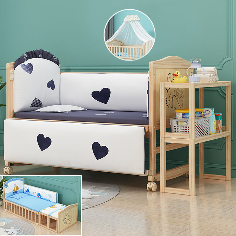 Contemporary 33.46"H Natural Bed Solid Wood Baby Bed with Wheels