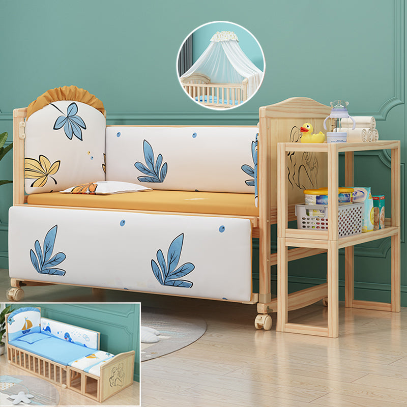 Contemporary 33.46"H Natural Bed Solid Wood Baby Bed with Wheels