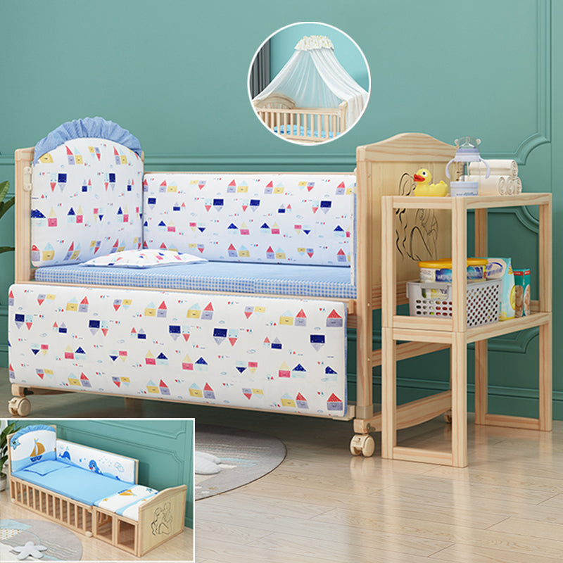 Contemporary 33.46"H Natural Bed Solid Wood Baby Bed with Wheels