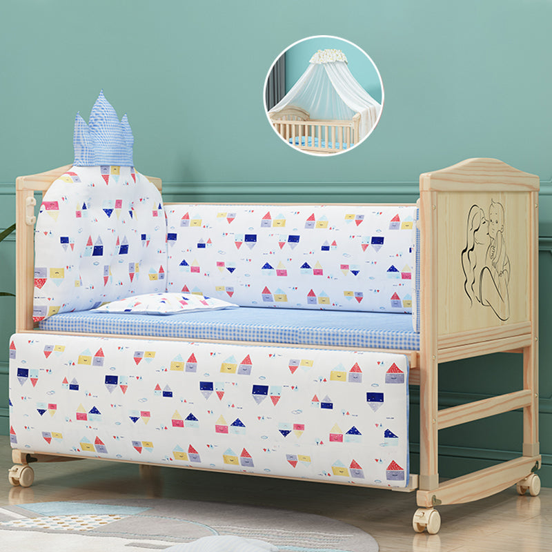 Contemporary 33.46"H Natural Bed Solid Wood Baby Bed with Wheels