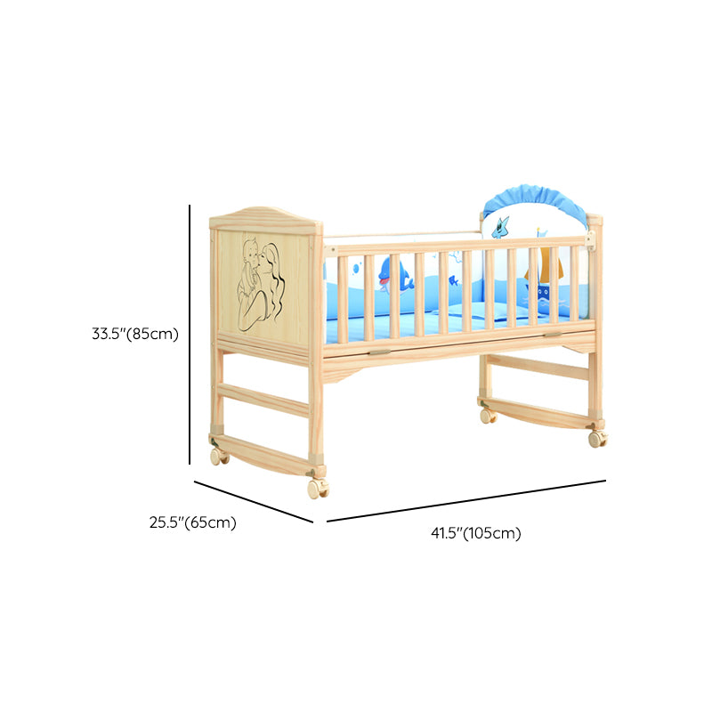 Contemporary 33.46"H Natural Bed Solid Wood Baby Bed with Wheels