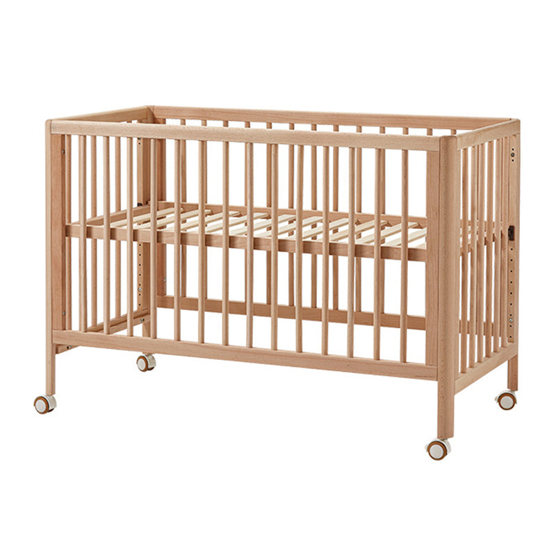 Contemporary Natural Wooden Baby Crib with Wheels and Storage